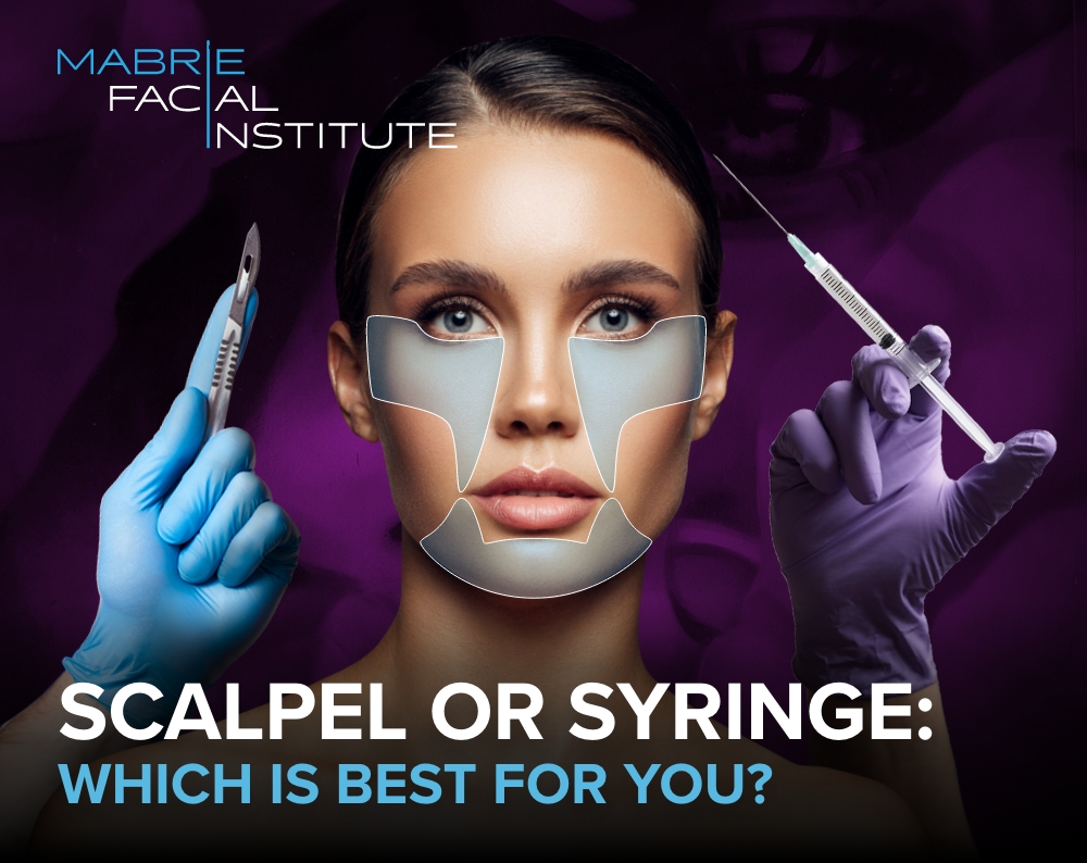 Woman with scalpel and syringe (model) with text that reads 'Scalpel or syringe: which is best for you?"