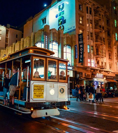 San Francisco trolley car at night.