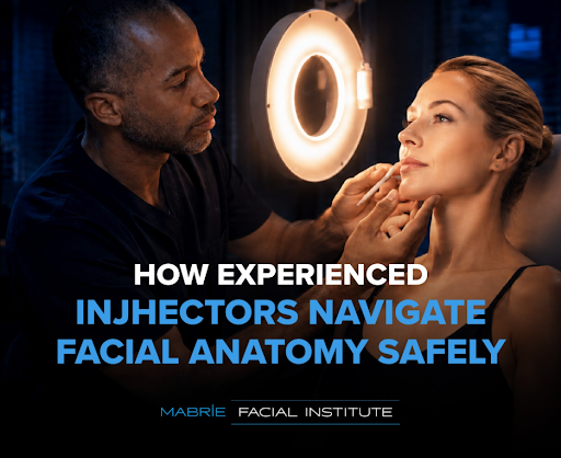 Man treating a woman’s face (models). “How Experienced Injectors Navigate Facial Anatomy Safely.” Mabrie Facial Institute logo