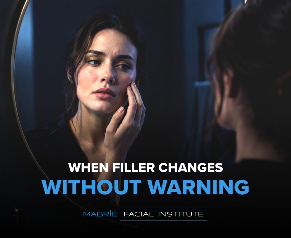 Patient looking in the mirror with mild, localized swelling and a calm, concerned expression. Sets the emotional tone without being alarming.