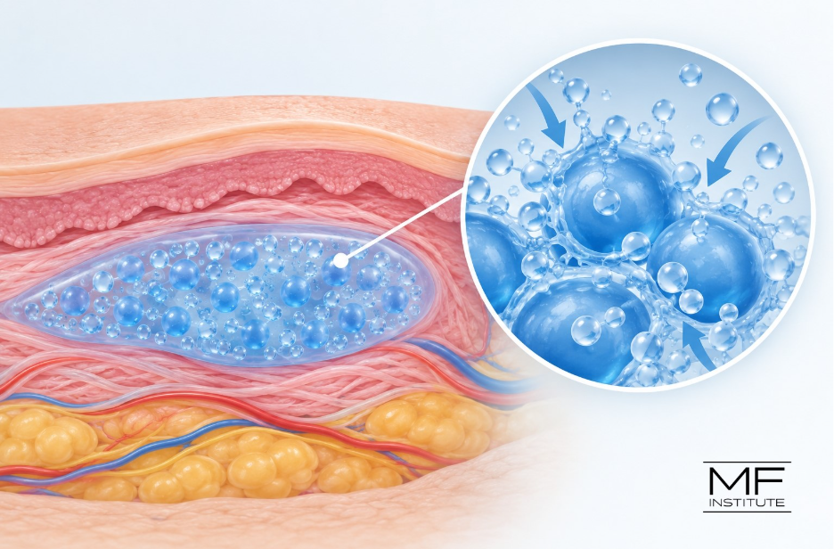 Illustration of hyaluronic acid filler molecules attracting and holding water molecules beneath the skin