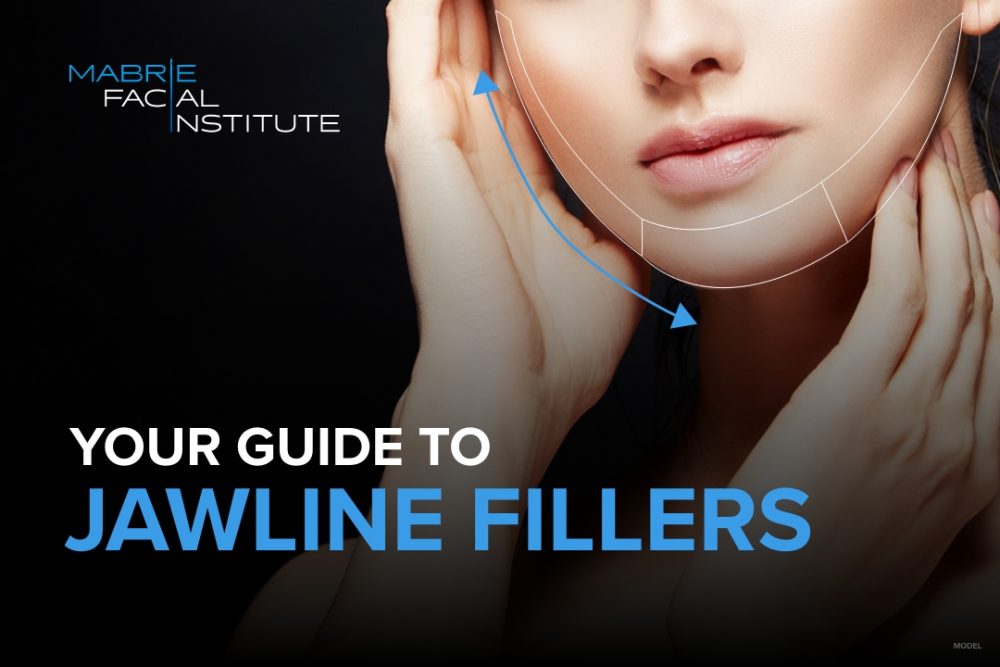 Arrows along a woman's jawline (model) indicating projection and definition with text that reads, "Your Guide to Jawline Fillers"