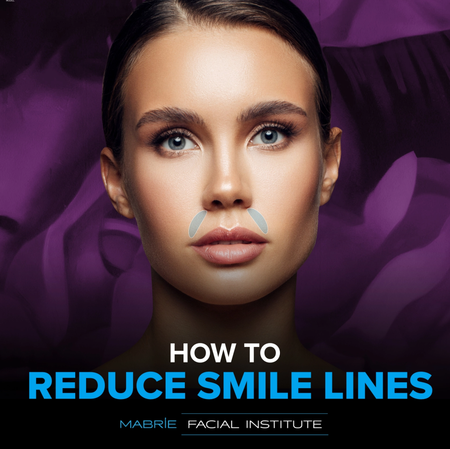 Photo of a woman with her nasolabial fold area highlighted. Text: How to reduce smile lines?