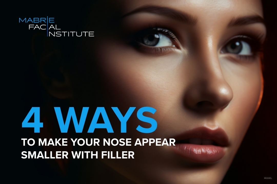 Woman with beautiful nose (model) and text that reads '4 Ways To Make Your Nose Appear Smaller With Filler'