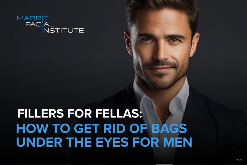 Attractive man (model) with text that reads 'Filler For The Fellas: How To Get Rid of Bags Under the Eyes for Men'