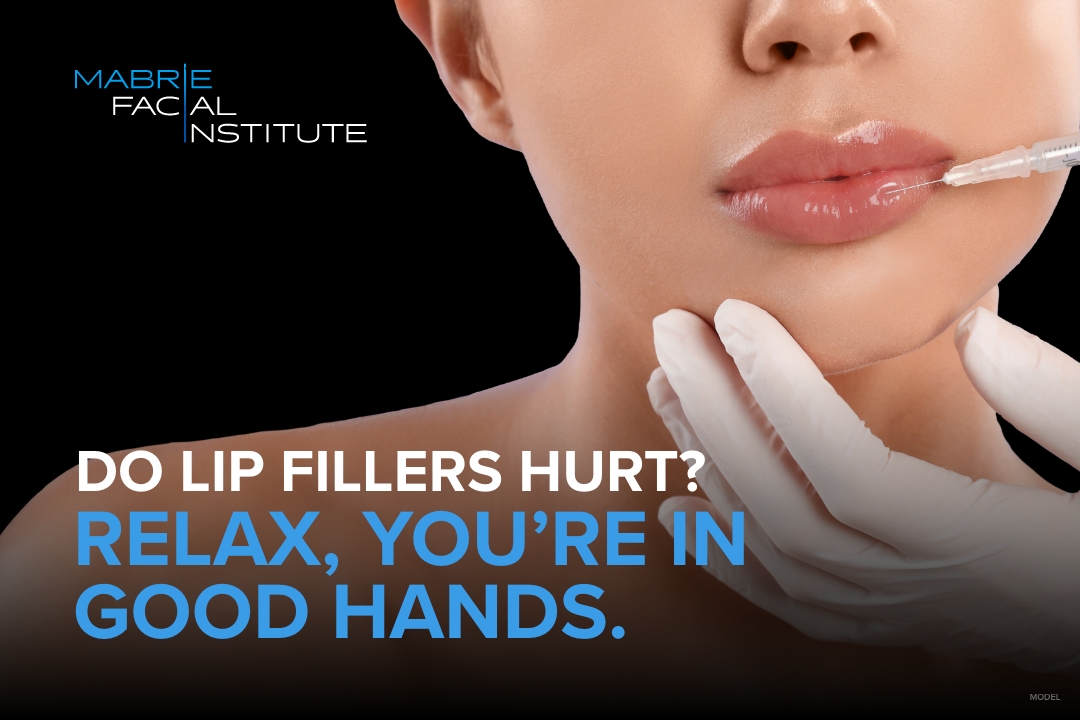 Woman's lower face with provider's hand holding her chin and administering lip filler through a syringe (models) with the text 'Do Lip Fillers Hurt? Relax, You're in Good Hands.'