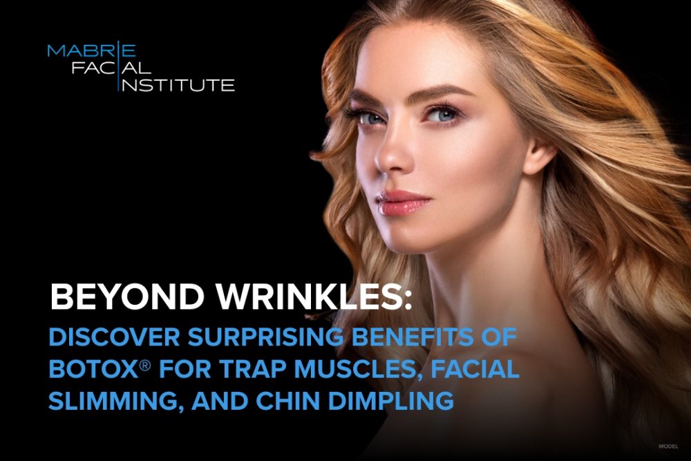 Woman with beautiful neckline (model) and text that reads 'Beyond Wrinkles:  Discover Surprising Benefits of BOTOX® for Trap Muscles, Facial Slimming, and Chin Dimpling'