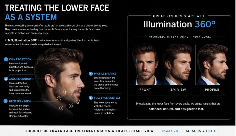 Lower-face treatment diagram showing how chin projection, jawline contour, neck transition, profile balance, and full-face context contribute to facial harmony.