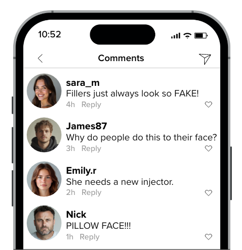 Image of comments on social media about the fake appearance of fillers
