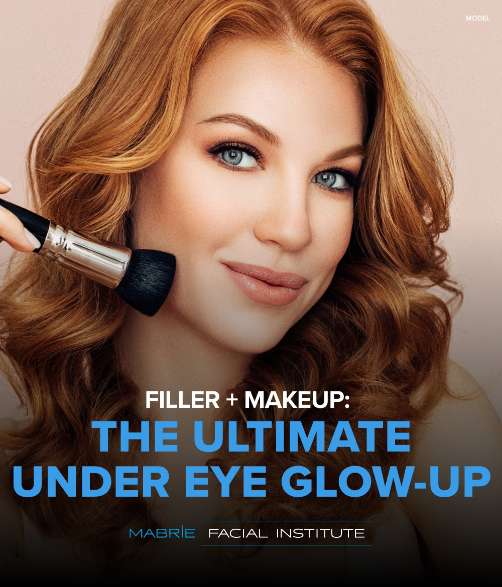A beautiful woman applying makeup with text that reads 'Filler and Makeup: The Ultimate Under Eye Glow-Up'