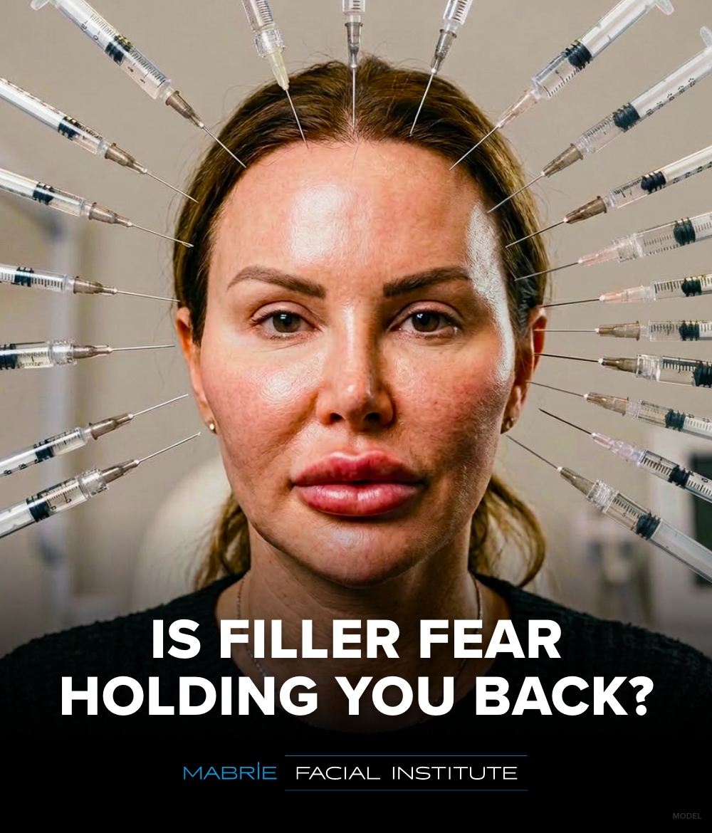 A close-up portrait of a woman’s face with multiple syringes aimed at her from all sides, pointing towards her skin and face with text that reads 'Is Filler Fear Holding You Back?'