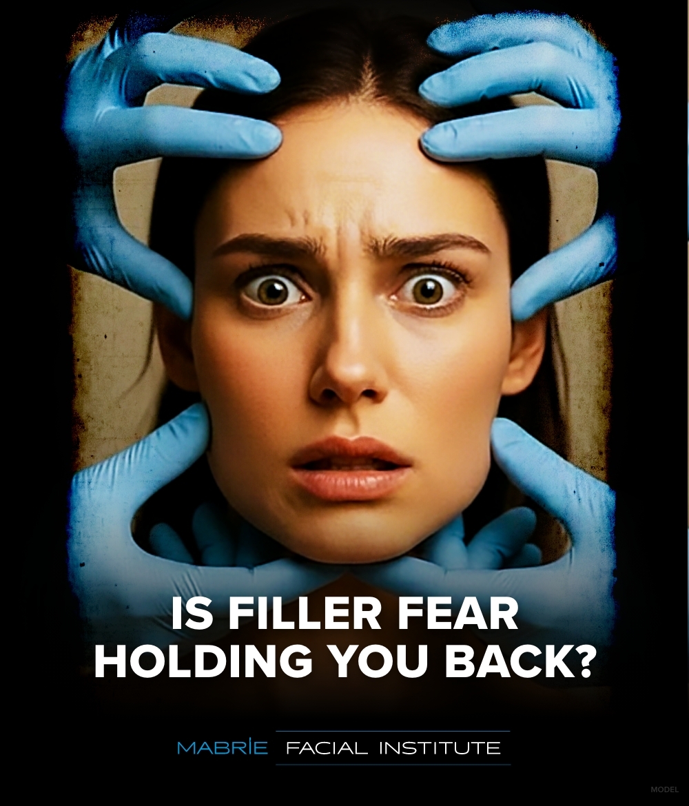 Woman looking concerned as her face is being pulled in every direction with gloved hands (model) with text that reads 'Is Filler Fear Holding You Back?'