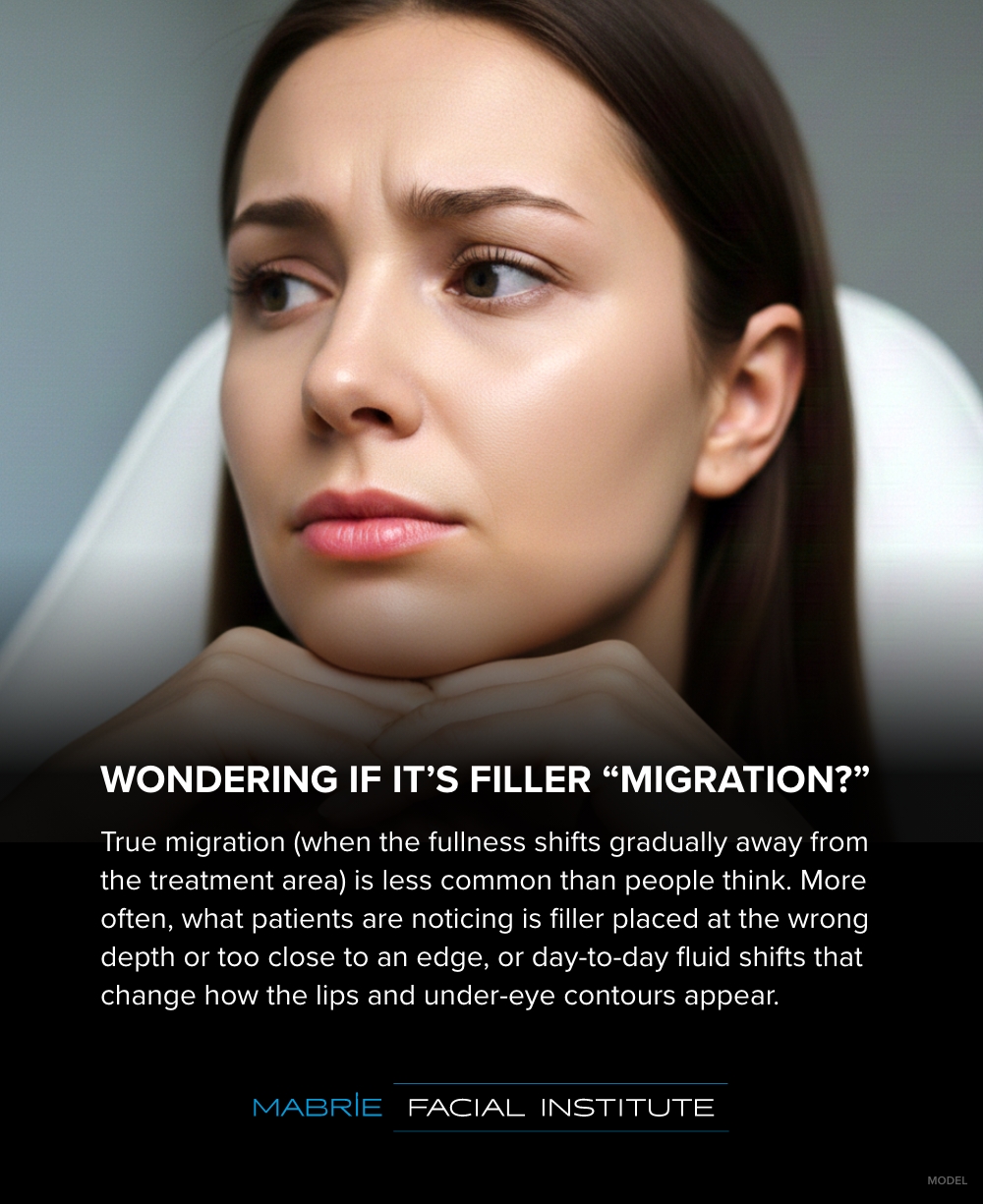 Image of concerned-looking patient (model) with text that reads'Wondering if it's filler migration?'