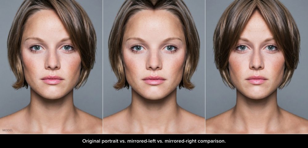 Side-by-side comparison showing model's original portrait vs. her image mirrored left vs. her image mirrored right.