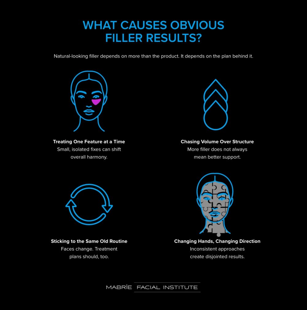 Graphic showing 4 reasons filler may look less natural over time: isolated treatment, volume without structure, repeating the same plan, and changing injectors. 