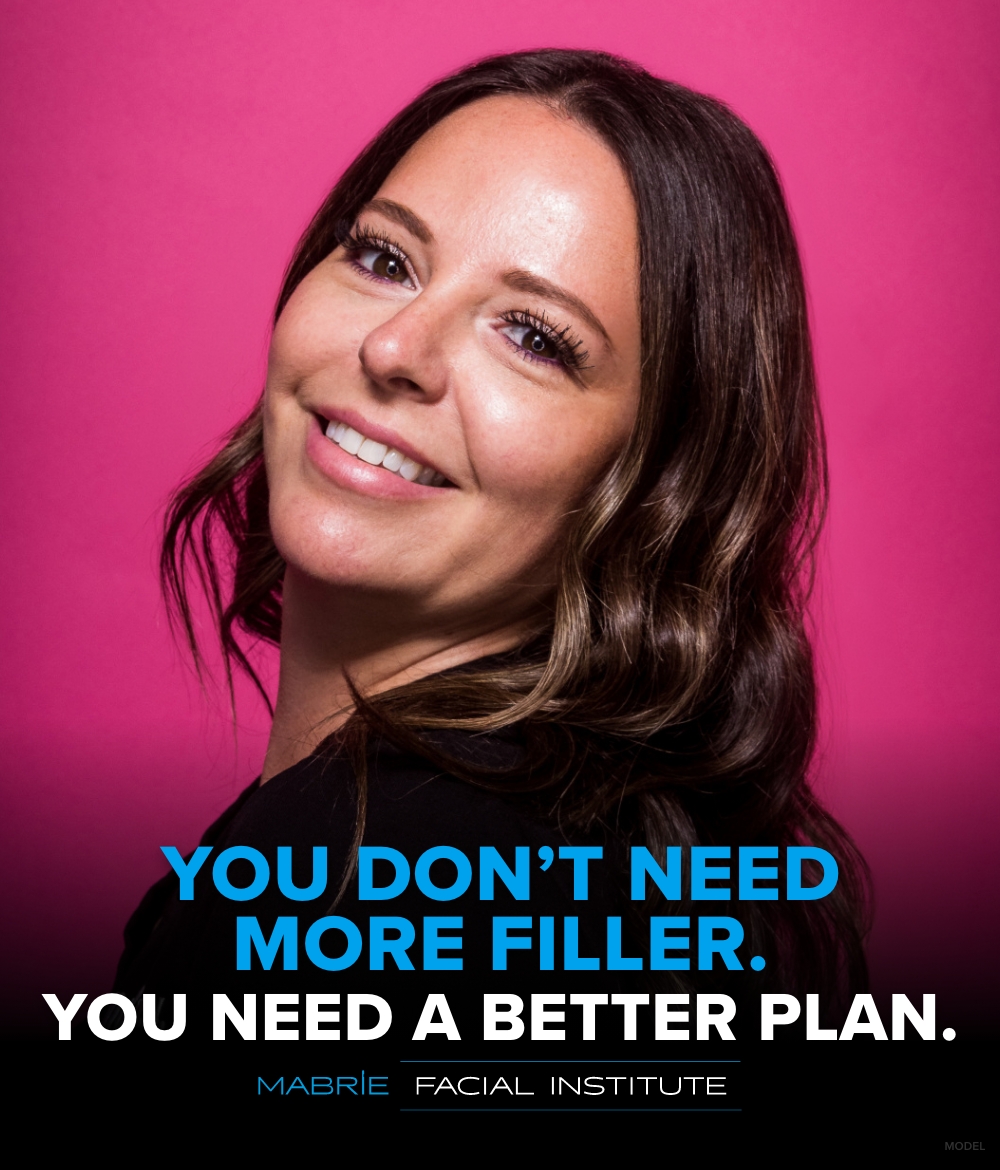 Featured patient, Lindsey, a young woman with warm brown hair styled in soft waves, radiantly smiles. The text reads ‘You Don’t Need More Filler. You Need a Better Plan.’