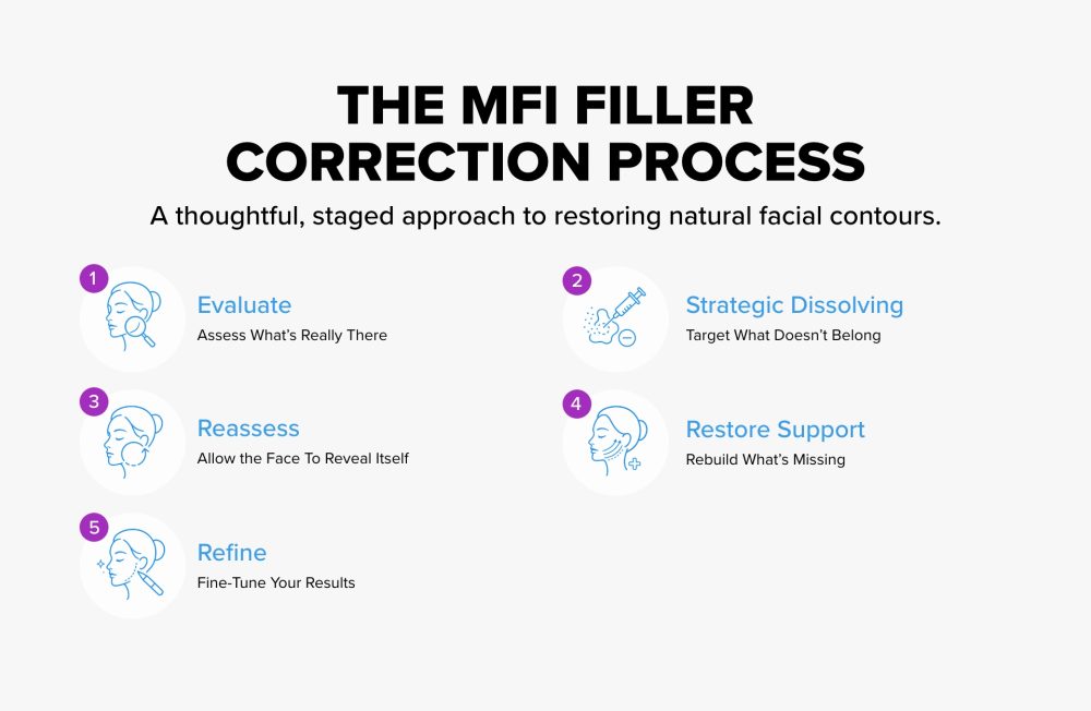 Five-step filler correction process: evaluate, strategic dissolving, reassess, restore support, and refine.